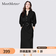 MeetMetro瑪依爾連衣裙女2025秋季新款收腰修身休閑通勤工裝裙 黑色【現(xiàn)貨】 M