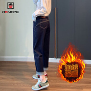 AEMAPE美國(guó)蘋(píng)果歐貨高腰牛仔褲女2025年新款時(shí)尚潮流小個(gè)子女款顯瘦哈倫 深藍(lán)色- 加絨 XL