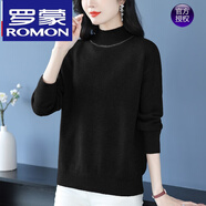 羅蒙（ROMON）高檔羊毛針織衫女秋冬大碼半高領(lǐng)毛衣寬松胖媽媽遮肚打底羊毛衫 黑色 2XL (建議130-140斤