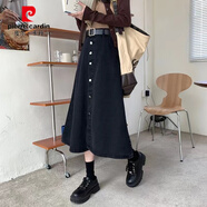 皮爾卡丹遮胯牛仔半身裙女秋冬裝大碼胖mm顯瘦遮肉高腰排扣A字中長裙子女 黑色 2XL (建議135-150斤)