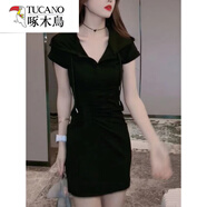 啄木鳥(niǎo)棉連帽衛衣連衣裙女夏季短袖運動(dòng)T恤裙polo領(lǐng)收腰褶皺a字包臀裙 黑色連衣裙 L 【建議105-115斤】