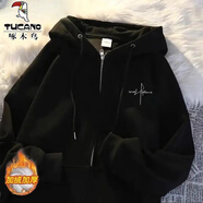 啄木鳥(niǎo)（TUCANO）美式復古簡(jiǎn)約個(gè)性開(kāi)衫連帽衛衣男秋冬oversize休閑寬松外套上衣男 黑色 【秋冬】 加絨加厚 XL 【125---140斤】