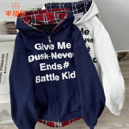 乖甜星秋季新款美式街頭假兩件格子連帽衛衣女寬松外套個(gè)性百搭女裝上衣 藏青色 加絨加厚 M 建議100斤內