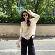 蘇雨薇白色豎條紋圓領(lǐng)長(cháng)袖針織衫t恤女春秋設計感防曬罩衫寬松薄紗上衣 白色 L （105-120斤）關(guān)注店鋪送運費險