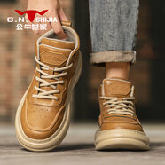 公牛世家（G.N.Shi Jia）男鞋板鞋秋冬小麥色潮牌高幫運動鞋真皮厚底增高休閑皮鞋 土黃色 39