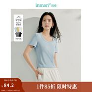 茵曼（INMAN）撞色羅紋棉女裝U領短袖T恤修身氣質(zhì)通勤2025夏季新款短款上衣 蝶翅藍 -18518134 XL