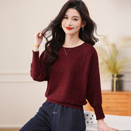 kangnai2025秋冬新款片紗針織衫女圓領(lǐng)亮片套頭蝙蝠衫長(cháng)袖上衣洋氣毛衣 暗紅色 M 95-115
