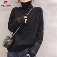 皮爾卡丹（pierre cardin）秋冬季新款高領(lǐng)針織衫寬松顯瘦內搭長(cháng)袖毛衣蕾絲鏤空拼接打底衫女 黑色【版親膚柔軟】 S 建議【85斤內】