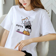 艾羅帝朗純棉短袖t恤女新款春夏季學(xué)生寬松青年百搭學(xué)生白T半袖上衣打底衫 貓咪 L 建議100-115斤