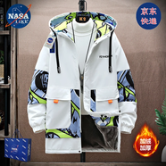 NASALIKE官方中長款外套男春秋冬季大碼加絨連帽風衣男學生韓版痞帥夾克男 N53白色加絨(秋冬款) XL (168-175cm 120-140斤)