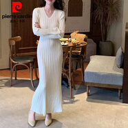 皮爾卡丹（pierre cardin）簡(jiǎn)約v領(lǐng)坑條針織連衣裙女秋冬新款御姐氣質(zhì)綁帶收腰包臀內搭長(cháng)裙 白色 L 110-120斤
