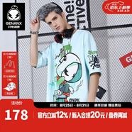 閃電潮牌（GENANX）太空棉夏季T恤男嘻哈情侶裝寬松字母印花動(dòng)漫五分袖潮流短袖 粉綠色 S