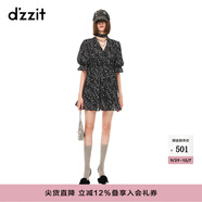 DZZIT地素時尚連衣裙春秋法式浪漫泡泡袖v領(lǐng)星星印花女 黑色 S