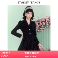 糖力【商場同款】春秋新款黑色長袖歐根紗擺西裝連衣裙女 黑色 XL