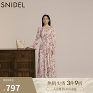 SNIDEL秋冬甜美碎花系帶收腰百褶雪紡連衣裙SWFO245033 粉米色 M （1）