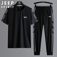 JEEP SPIRIT吉普套裝短袖T恤男夏季冰絲速干男士套裝上衣長(cháng)褲兩件套 黑色 XL