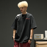 木清清美式高街短袖男款夏季純棉刺繡圓領(lǐng)t恤男生寬松休閑衣服復古男裝 黑色 M (建議90-115斤)