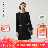 朗姿【尖貨補(bǔ)單】法式氣質(zhì)名媛小香風(fēng)長(zhǎng)袖高腰通勤女冬季新款連衣裙女 黑色 S