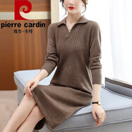 皮爾卡丹（pierre cardin）2025新款春秋套頭中長款針織連衣裙女寬松時尚翻領(lǐng)毛衣打底裙過膝 淺咖 M