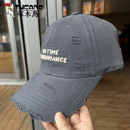 啄木鳥（TUCANO）破洞棒球帽女字母刺繡水洗棉鴨舌帽顯臉小加大加寬帽檐軟頂遮陽帽 灰色 no time 均碼 可調(diào)節(jié)（55-60cm）