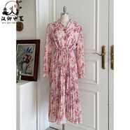 漢卿中夏淑女氣質(zhì)韓國Chic碎花連衣裙百褶雪紡長(cháng)袖連衣裙韓版長(cháng)裙 粉色 均碼