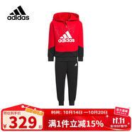 阿迪達斯（adidas）童裝春秋款小大童運動休閑套裝連帽外套褲子 IP7005黑/紅色