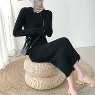 LMVXRM2025秋冬半高領(lǐng)針織連衣裙女加厚中長款過膝包臀毛線裙子 加厚半高領(lǐng)黑色  冬厚款 S (80-95)