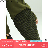 COCOBELLA[苔蘚綠]細閃銀蔥千鳥格羊毛半身裙女秋冬毛呢筒裙HS87 HS87B春版 L