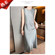 淘茲朗輕奢級感吊帶連衣裙女春夏新真絲綢緞面外穿背心連衣裙法式長(cháng)裙 圓領(lǐng)灰綠色 S