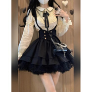 山頭林村大碼學(xué)院風(fēng)收腰背帶蝴蝶結背帶裙女秋冬純欲甜美娃娃領(lǐng)襯衫兩件套 兩件套 S