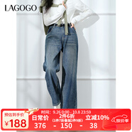 LAGOGO抓絨直筒寬松牛仔褲女拉谷谷2024年冬季新款微彈闊腿褲子 深牛仔藍(N2) XL