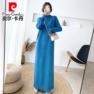 皮爾卡丹（pierre cardin）秋冬高領(lǐng)長袖針織打底連衣裙超長款毛衣裙內(nèi)搭加厚長裙打底衫長款 蘭色 2XL (建議145-170體重)
