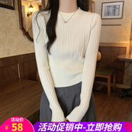 歐貝汐毛衣女春秋冬內搭2025設計感坑條修身短款女士上衣圓領(lǐng)打底針織衫 白色 均碼
