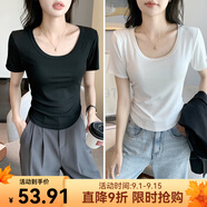 櫻姿娜精選【2件裝】2025新款t恤顯瘦修身女夏季短袖正肩圓領(lǐng)百搭上衣【2件裝】黑色+白色M （80-100斤內可穿）