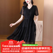 傾她夏裝短袖雪紡連衣裙女夏季2025新款寬松時(shí)尚女士氣質(zhì)夏款裙子 黑色 XL建議120-130斤