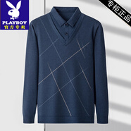 花花公子（PLAYBOY）爸爸裝長(cháng)袖t恤男士假兩件上衣秋冬季中老年寬松加絨打底衫 單款2301【藍色】 L 170