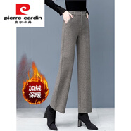 皮爾卡丹（pierre cardin）毛呢闊腿褲女秋冬2025年新款高腰顯瘦人字紋加絨加厚媽媽直筒褲子 咖啡色【加絨更保暖】  加厚 M 【建議95-105斤】