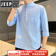JEEP SPIRIT/吉普夏季男士七分袖棉T恤潮流韓版立領(lǐng)套頭男裝袖亞麻T恤上 DC605藍(lán)色 XL
