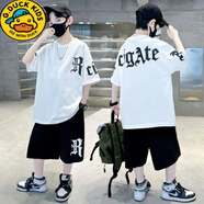 G.DUCKKIDS男童短袖短褲純棉套裝夏季新款中大童潮流時(shí)尚男孩寬松休閑兩件套 白T恤+黑褲子(MHT-8180) 130 cm(40-50斤)