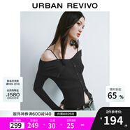 UR七夕秋季新款女設(shè)計感翻領(lǐng)一字肩露肩修身針織衫UWJ940033 正黑 L