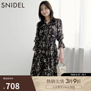 SNIDEL秋冬甜美碎花系帶收腰百褶雪紡連衣裙SWFO245033 棕色 L （2）