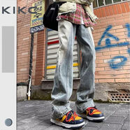 尤克達(dá)蒂（yookdd）kikc男裝新款寬松闊腿美式復(fù)古漸變牛仔褲男潮牌高街oversize春秋 藍(lán)色復(fù)古漸變 S   建議80-100斤