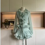 梢巷ZHOYUE【薄荷曼波荷葉花朵邊開(kāi)衫長(cháng)袖襯衫上衣女短裙套裝少女 薄荷綠套裝 S