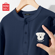 名創(chuàng  )優(yōu)品t恤男印花華夫格長(cháng)袖打底衫秋季青少年潮流亨利領(lǐng)上衣Z 深藍 XL