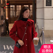 AEMAPE毛呢大衣女2025春秋冬季新款名媛蝴蝶結(jié)加厚氣質(zhì)龍鳳呢外套女 酒紅色 M _建議【100-110斤】