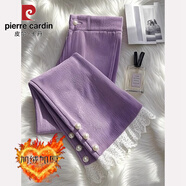 皮爾卡丹加絨加厚休閑褲女2025冬季新款洋氣紫色蕾絲拼接燈芯絨微喇闊腿褲 紫色【加絨】 加厚 S 【80-100斤】