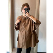 知性孕婦襯衫春秋裝上衣韓國收腰哺乳大碼寬松顯瘦氣質(zhì)職業(yè)襯衣 均碼 咖色細帶側收縮衫