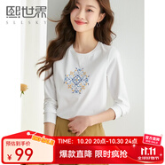 熙世界長(cháng)袖T恤女2025春季新款民族風(fēng)復古刺繡百搭寬松圓領(lǐng)體恤衫 珍珠白 M