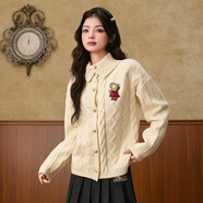 B.Duck小黃鴨針織衫女2025冬季新款翻領(lǐng)絞花肌理繡花針織毛衫女 奶白色 M