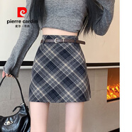 皮爾卡丹（pierre cardin）毛呢格子半身裙女秋冬款2025新款復(fù)古高腰包臀裙防走光a字短裙子 灰格+腰帶 L